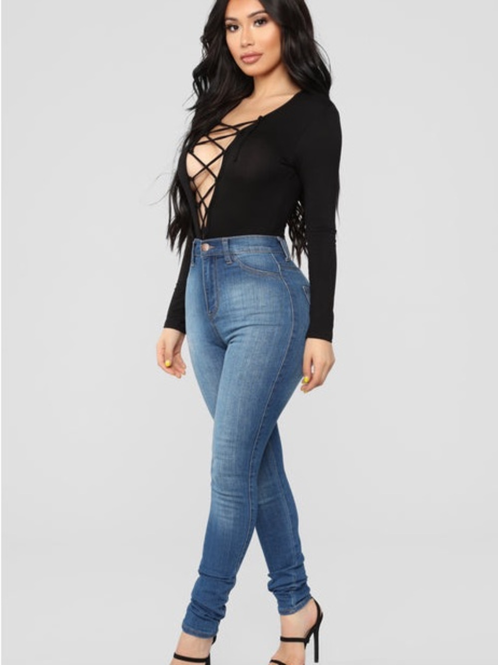 Fashion Nova Black Lace-Up Front Bodysuit
